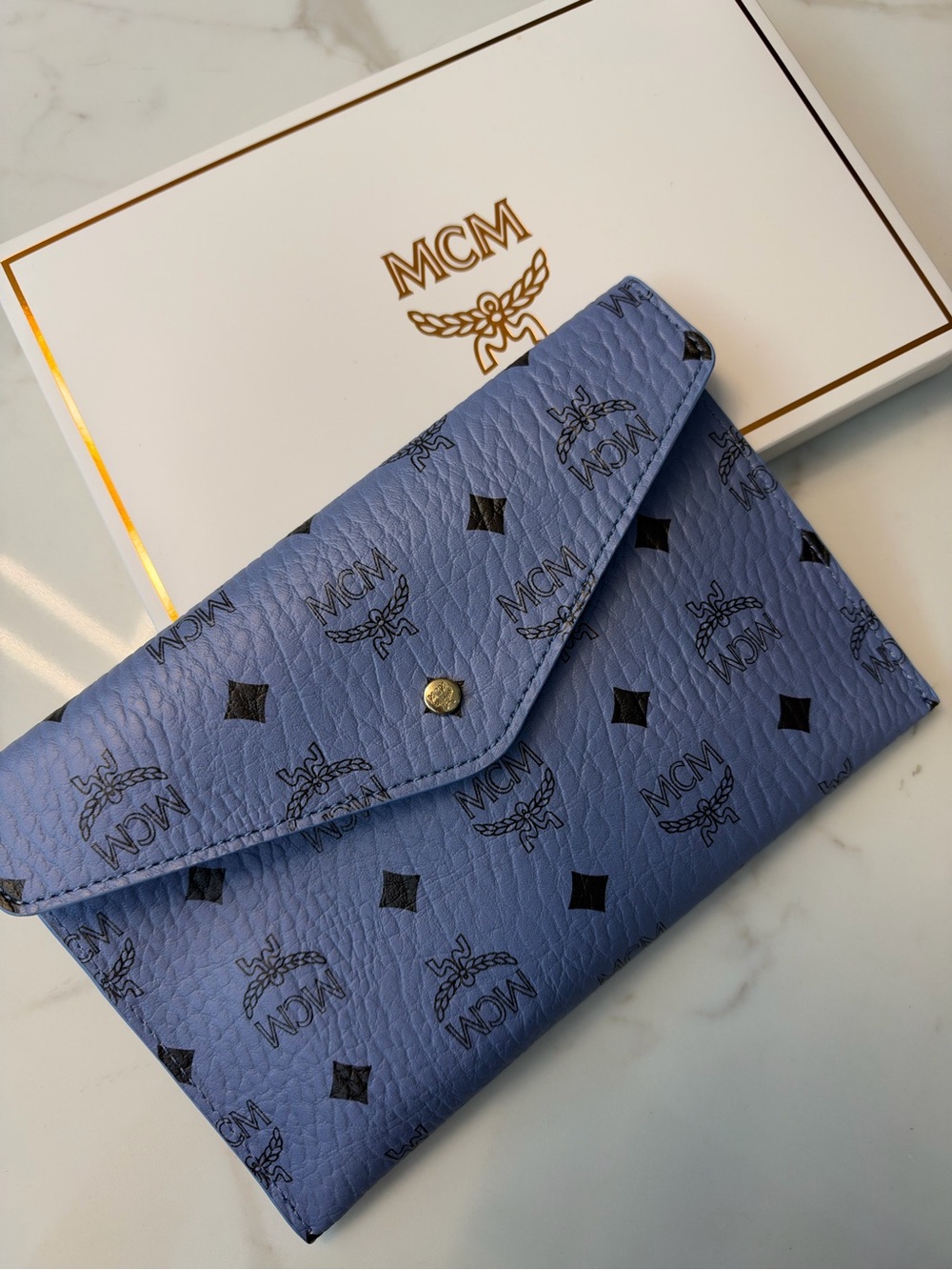 MCM Blue Visetos Envelope Clutch with Black Logo Print - Picture 6 of 6